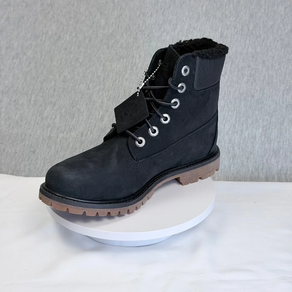 Timberland Premium 6in WP Warm-Lined Boot Black Nubuck Fleece A198I Womens 7.5